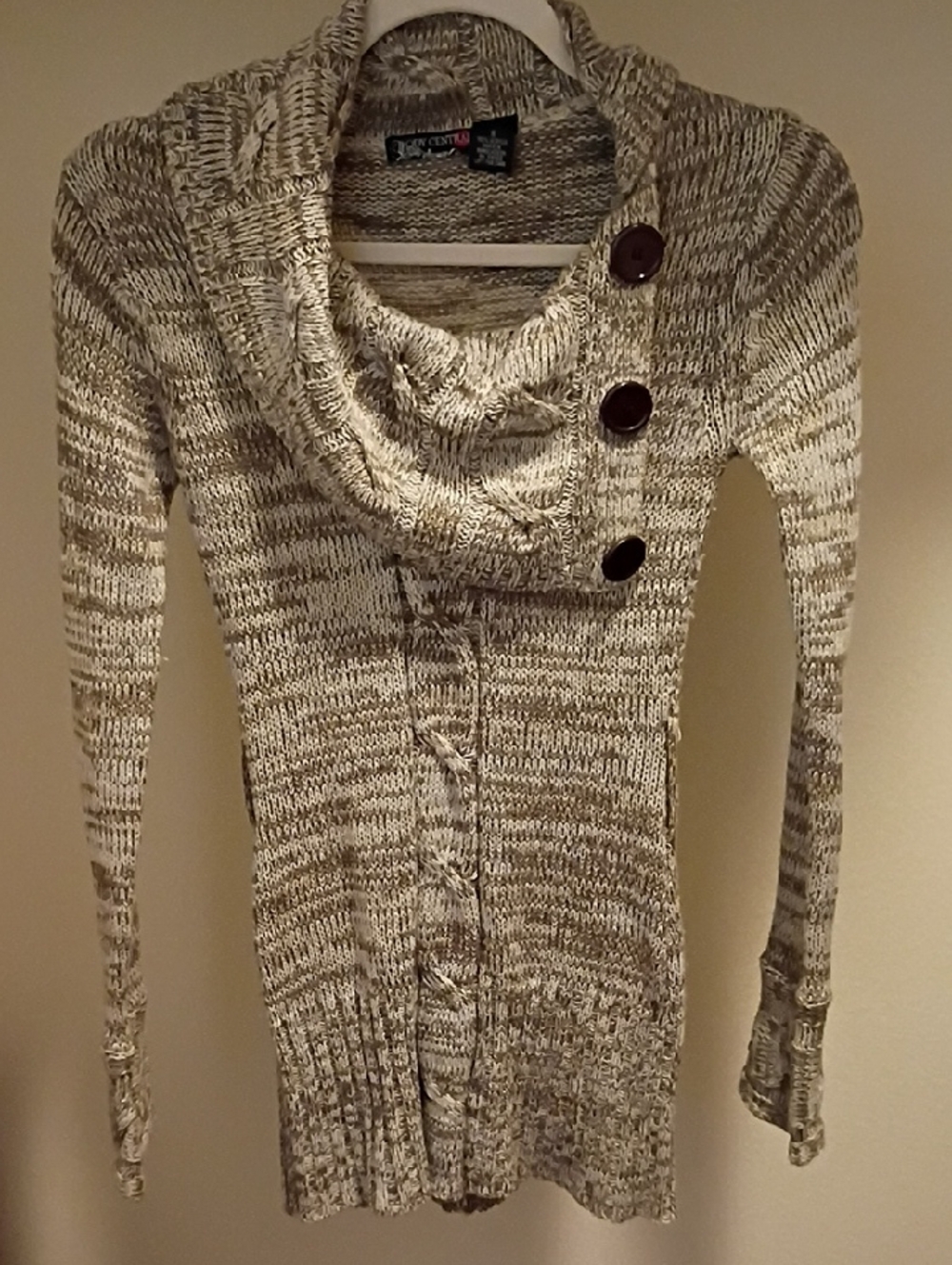 Body Central Marled Beige & Cream Cowl Neck Sweater with Button Detail | Size S